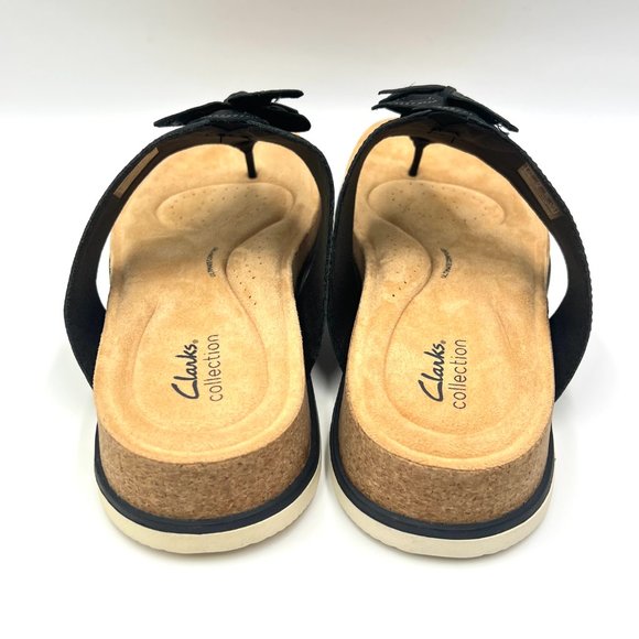 Clarks Womens Size 12 Brynn Style Black Leather Slip On Floral Sandals Shoes - Picture 7 of 13